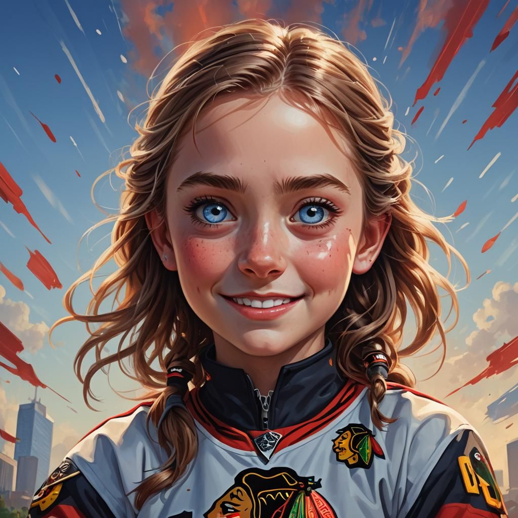 Cute Girl in Blackhawks Uniform Hyperrealistic Portrait