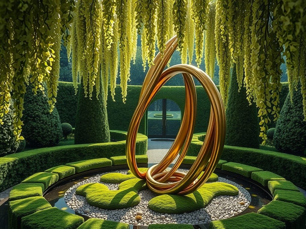 Dreamy Garden Oasis with Twisted Metallic Sculpture