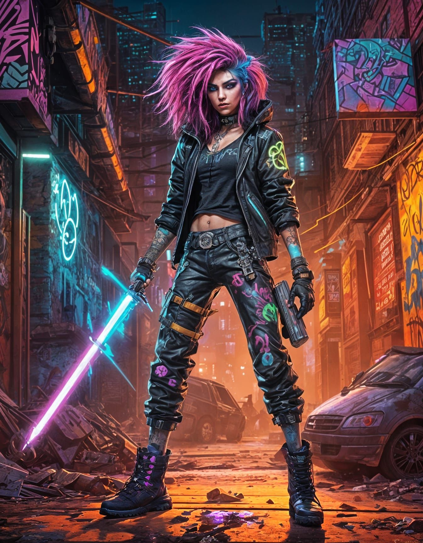 Graffitipunk Warrior in Cyberpunk Dystopian Scene