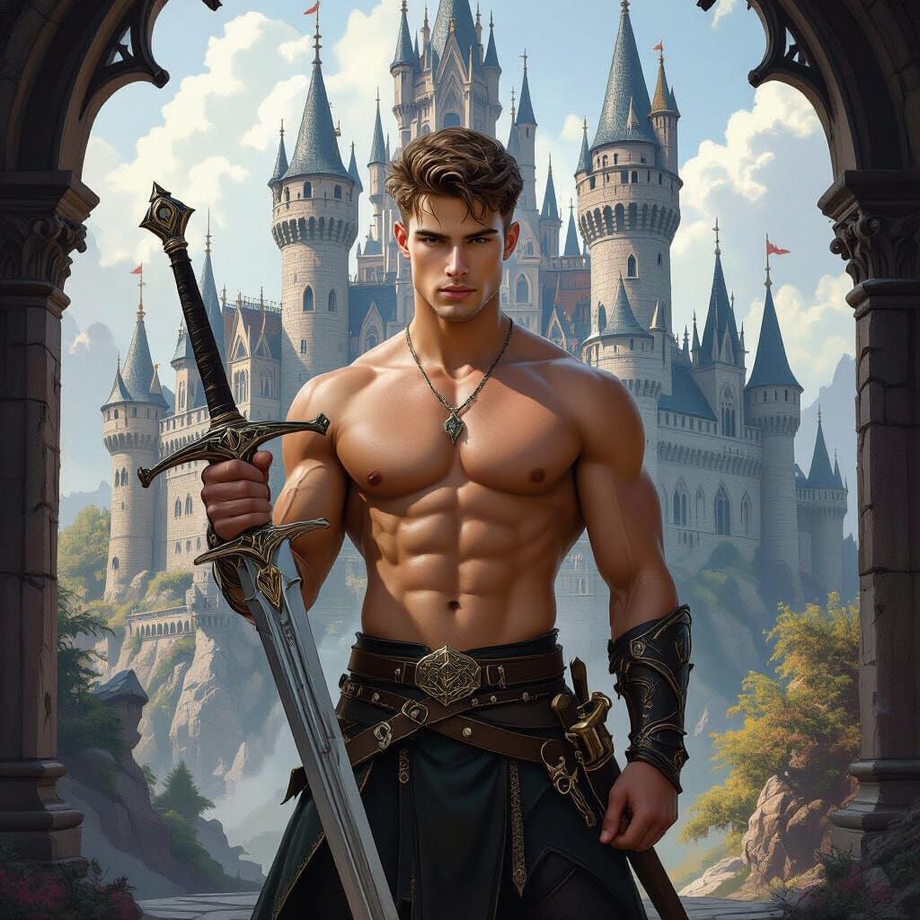 Muscular Warrior with Sword Before Gothic Castle