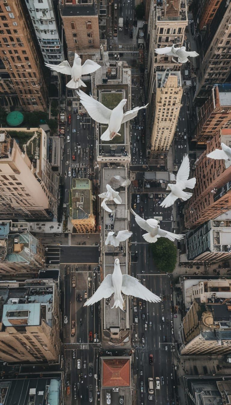 Doves Soar Above City Skyscrapers in a Vibrant Urban Landsca...