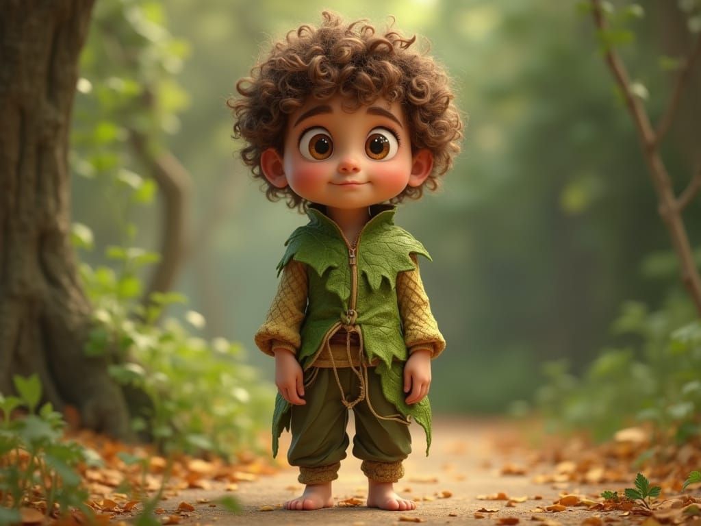 Vibrant Leaf Attire Boy in Realistic 3D Pixar Style