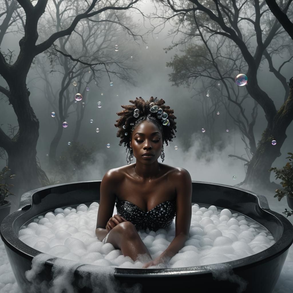 Woman in Black Tub Amidst Swirling Fog