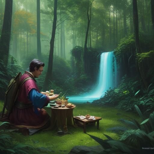 Teddy Bears' Picnic in Fantastical Forest: Oil Painting