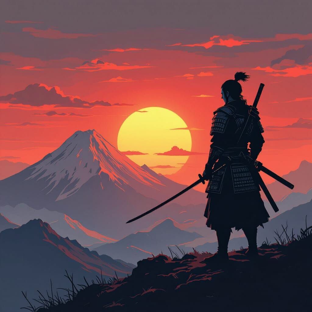 Samurai Warrior at Sunset on Mountain Peak