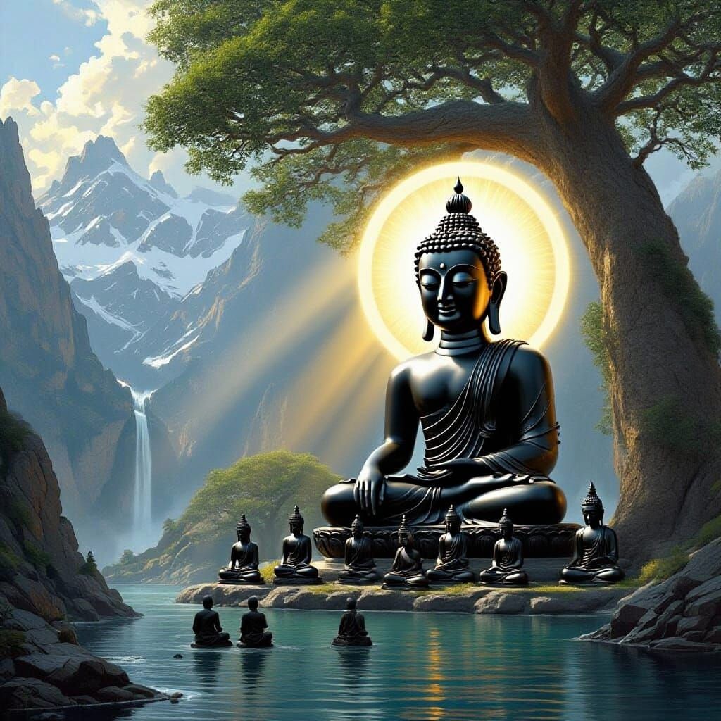 Black Buddha Sculpture Under Bodhi Tree with Disciples
