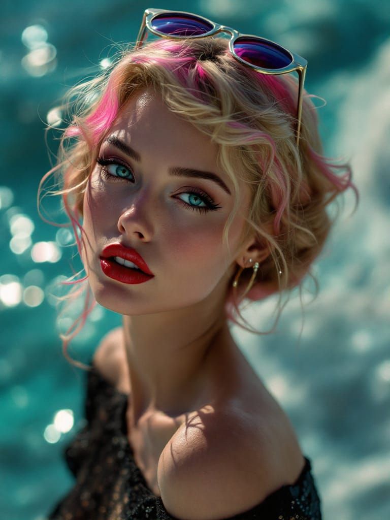 Blonde Pin-Up Woman with Pink Streaks in Glamour Lighting