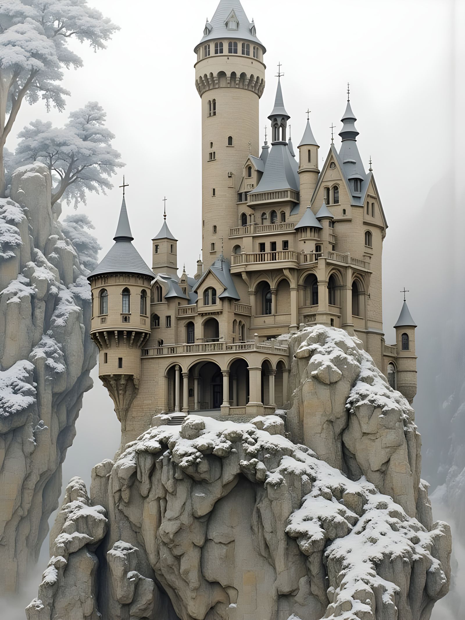 Vibrant Castle Perched on a Snowy Cliffside