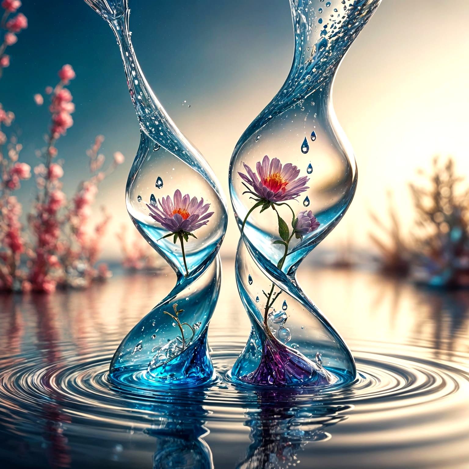 Hyperrealistic Hourglass with Figures in Rushing Water