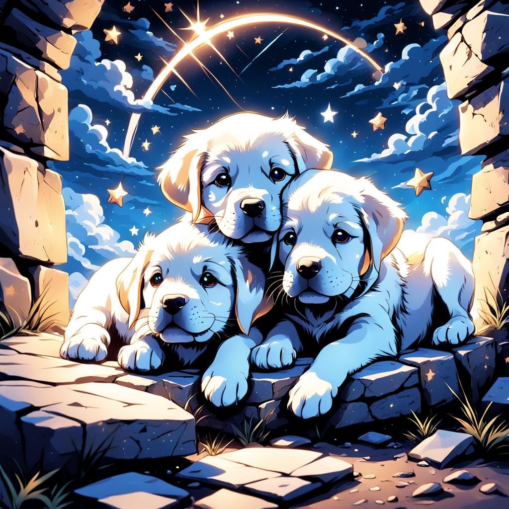 Labrador Puppies Emerge from Stone Portal in Anime Style