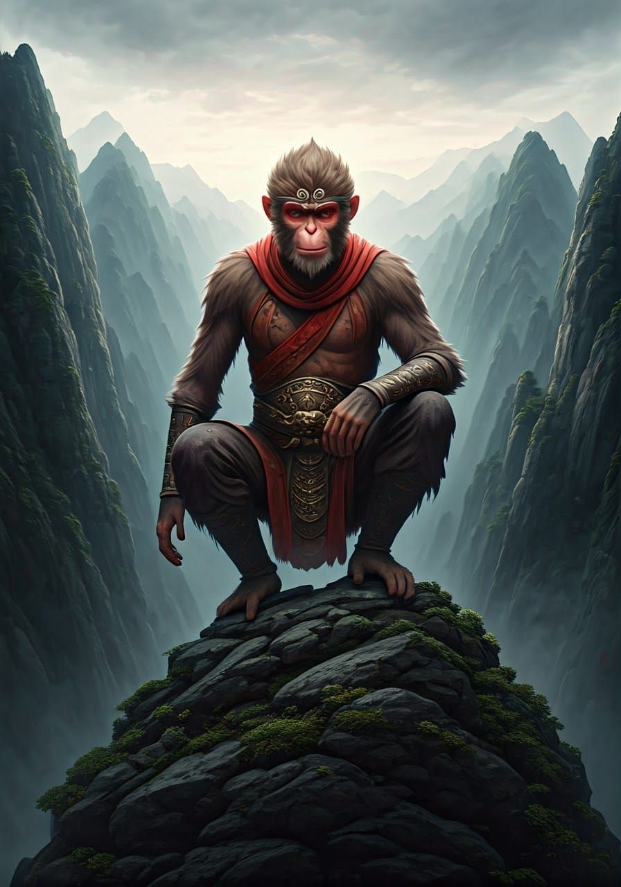 Regal Terracotta Monkey King in Majestic Chinese Landscape