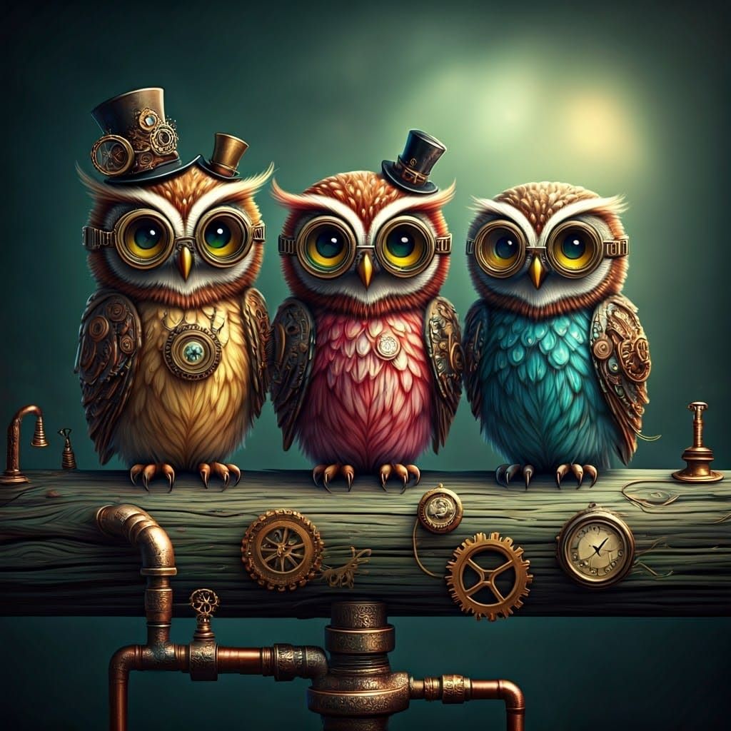Steampunk Owls Perch on Weathered Branch