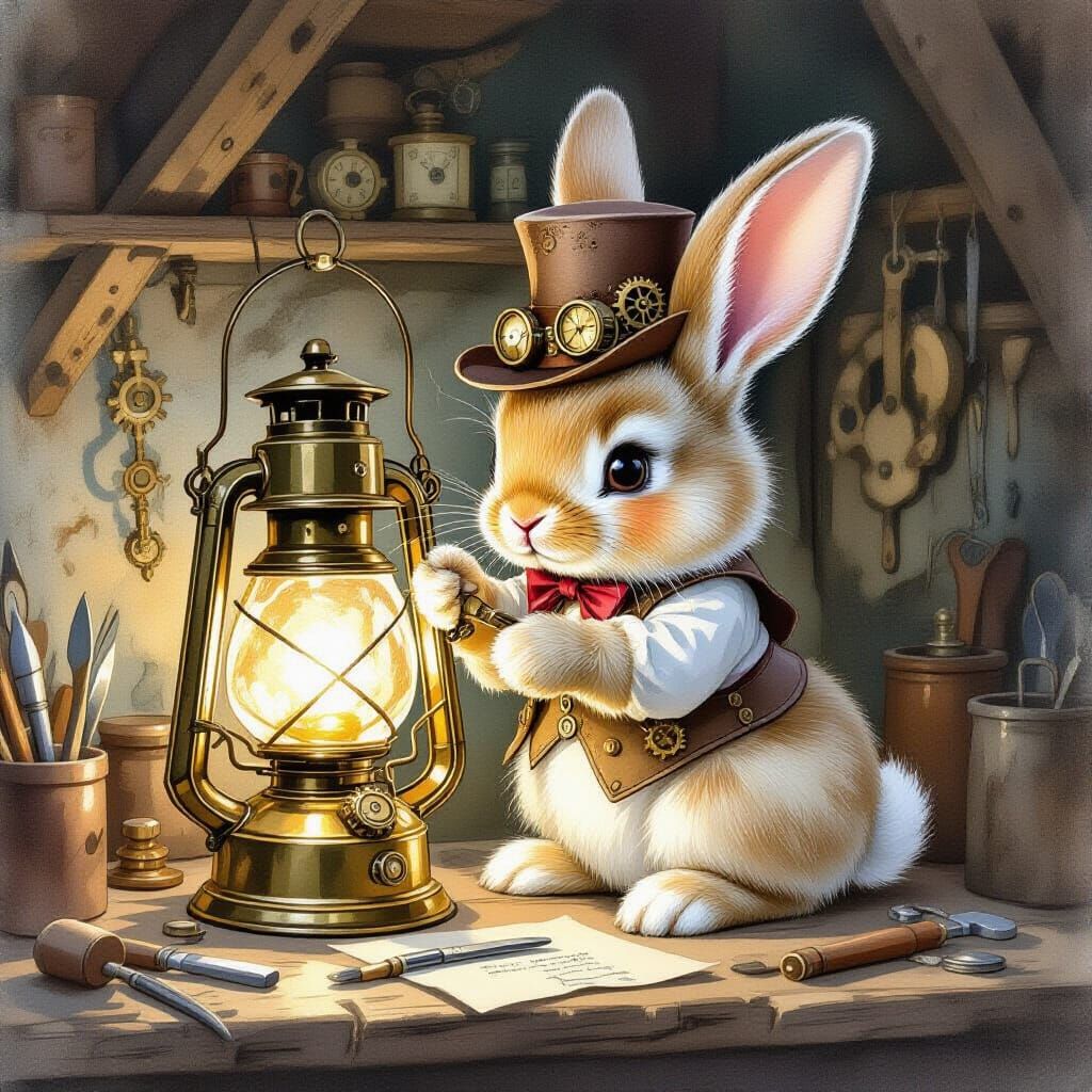 Steampunk Bunny Polishing Lantern in Watercolor Style