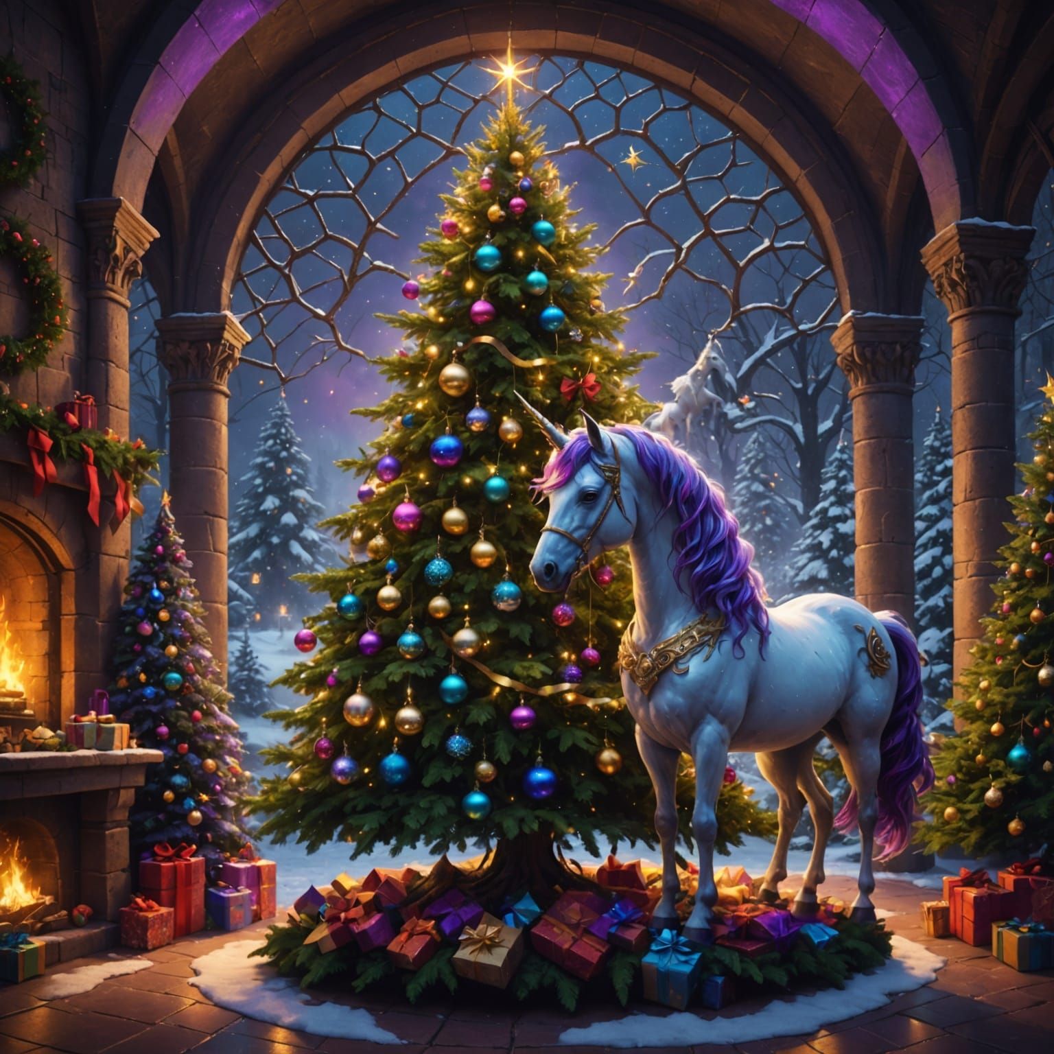Dark Fantasy Christmas Tree with Unicorn in 8k Resolution