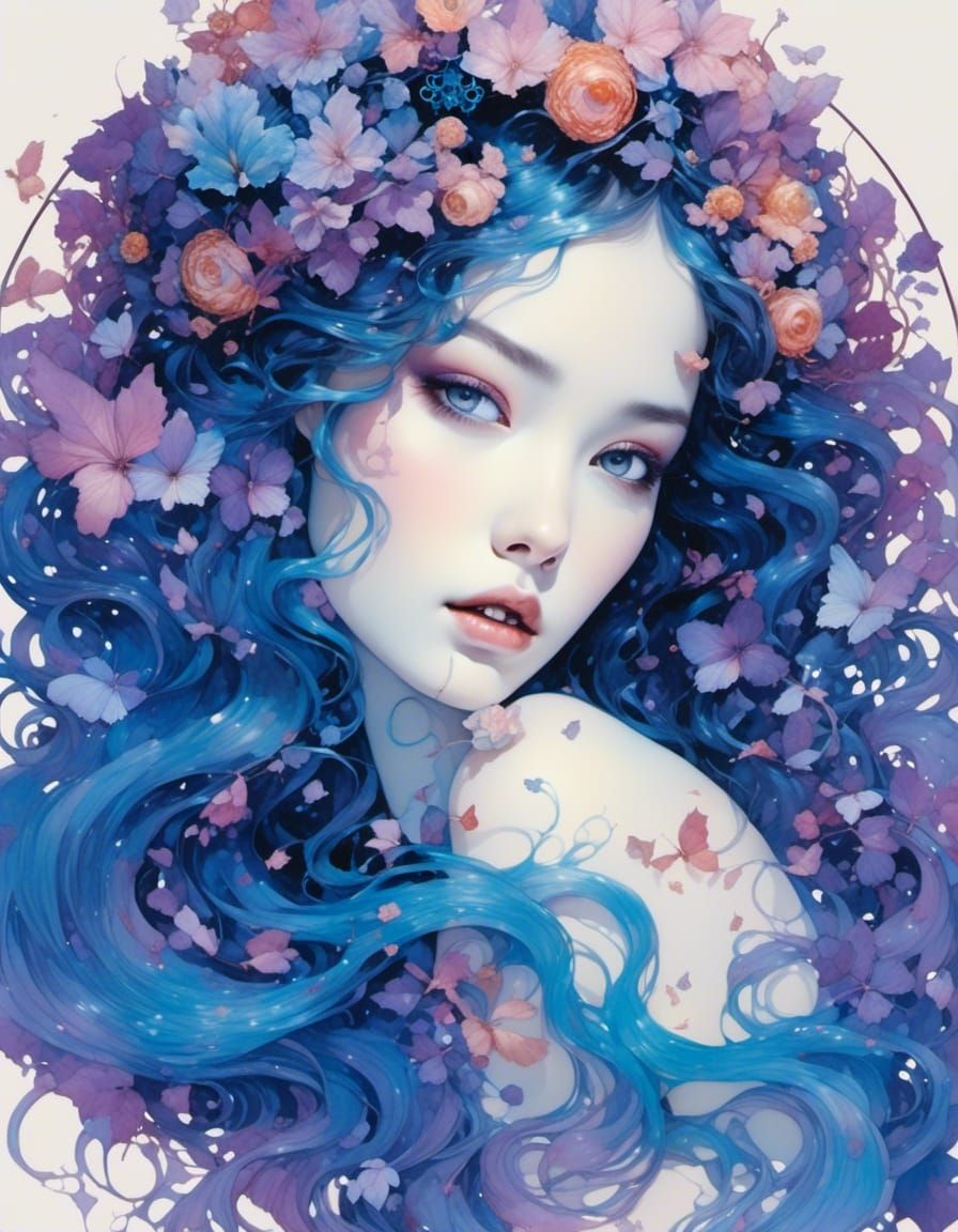 Pixel Woman with Iridescent Curls in Watercolor Style