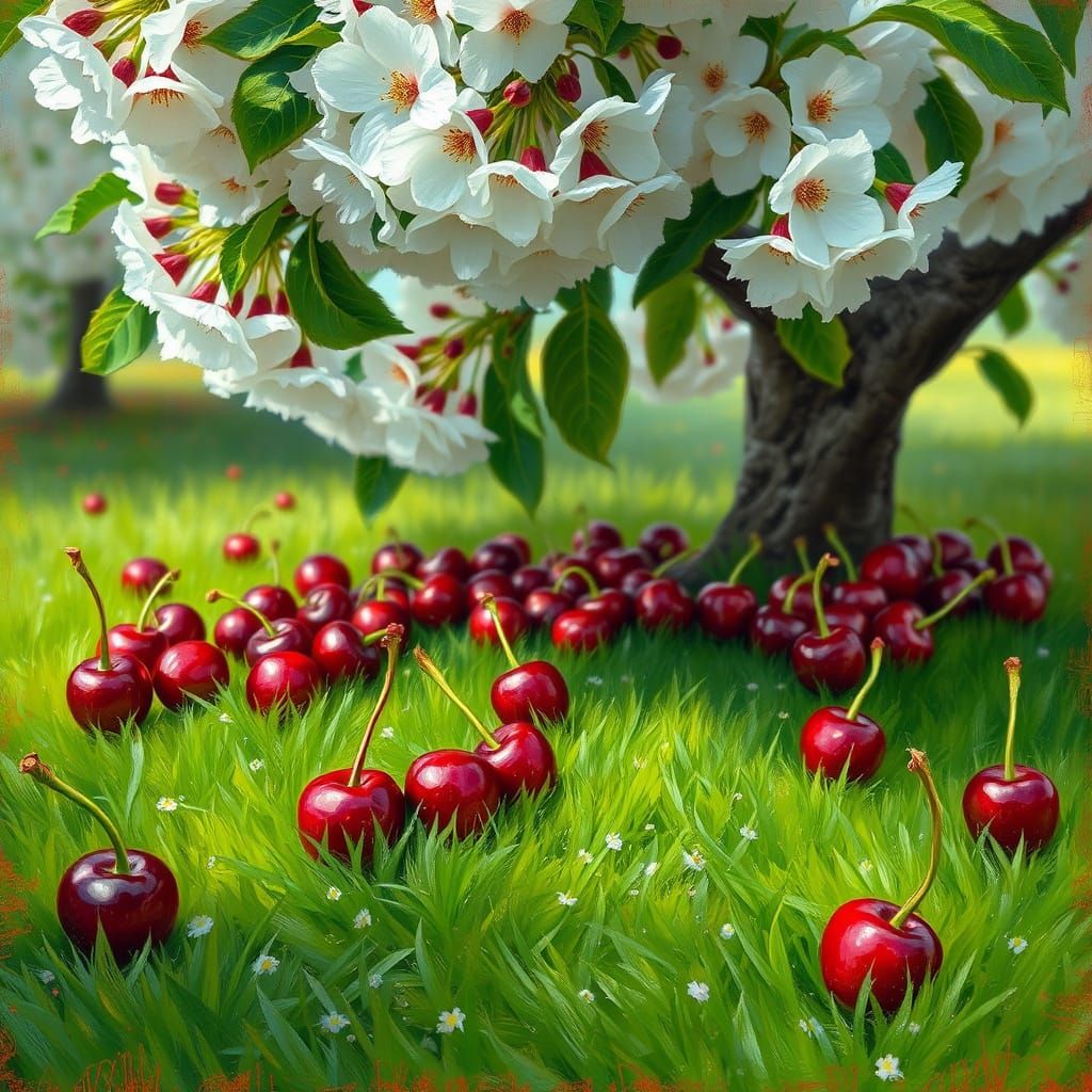 Cherries in a Lush Impressionist Garden