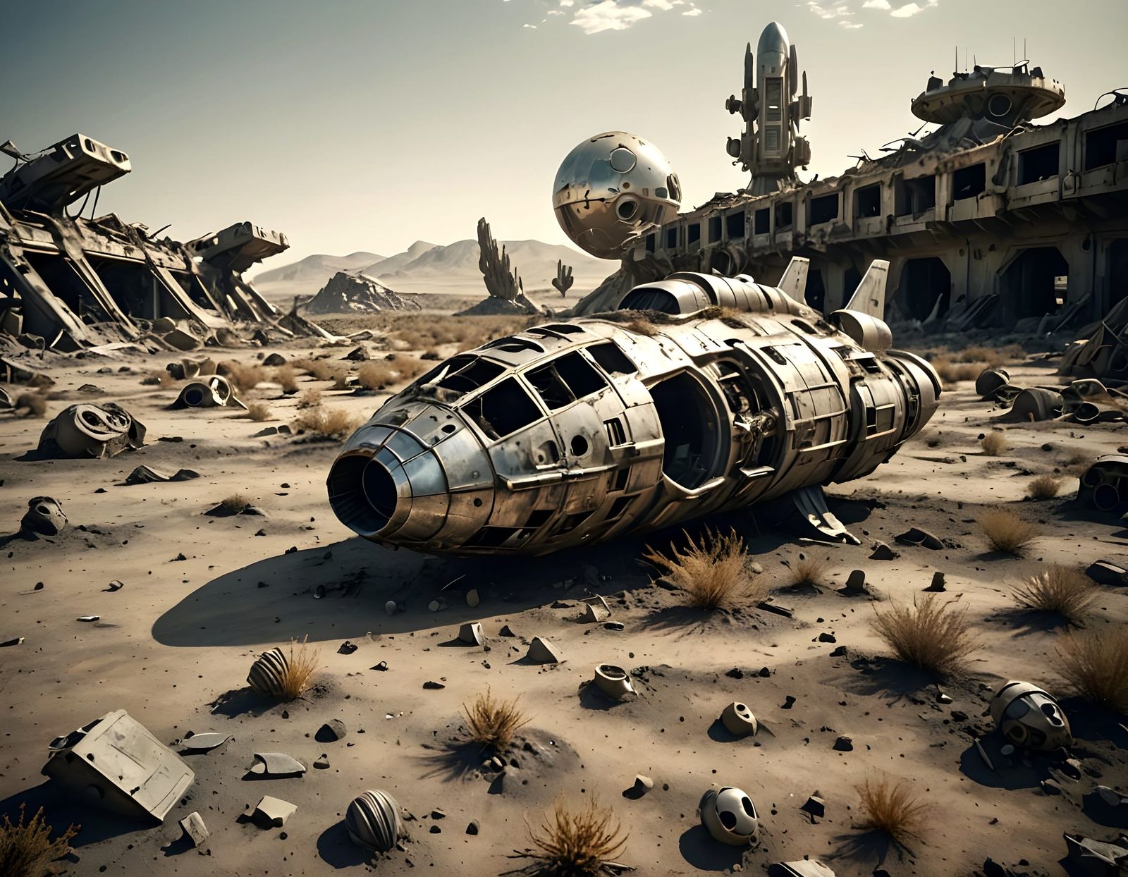 Hyperrealistic Wrecked Spaceship on Barren Alien Planet