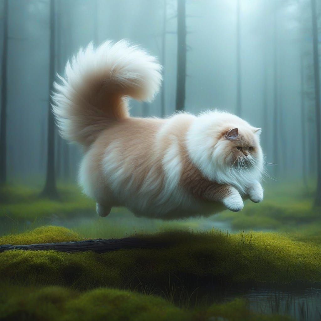 Whimsical Cat Falls Through Enchanted Mist in Delicate Brush...