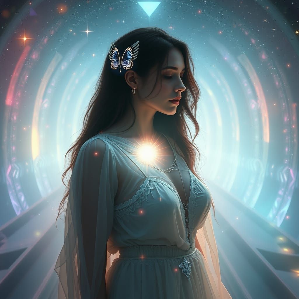 Ethereal Woman in Quasar Labyrinth: Digital Art