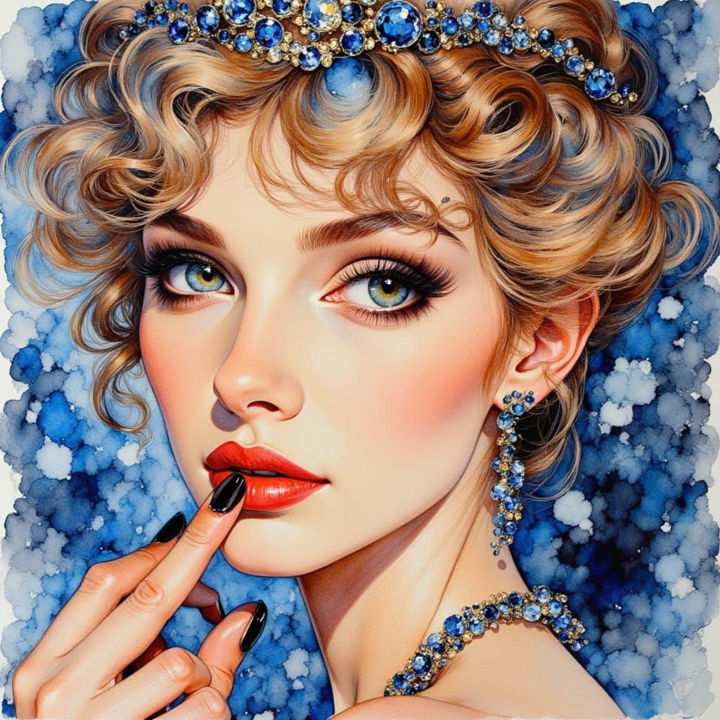 Sensual Woman Applying Makeup in Regency Watercolor Style