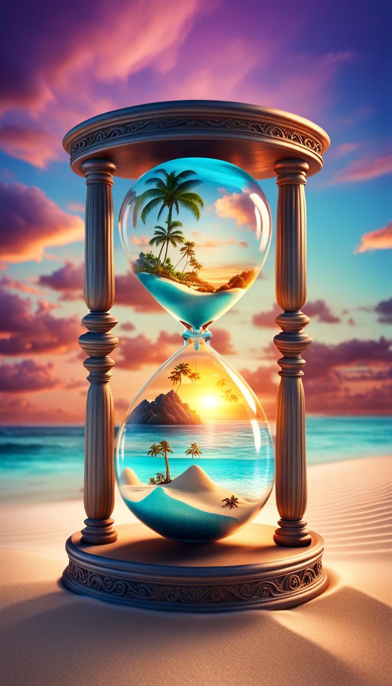 Tropical Beach Sunset in Hourglass: Surreal 3D Art
