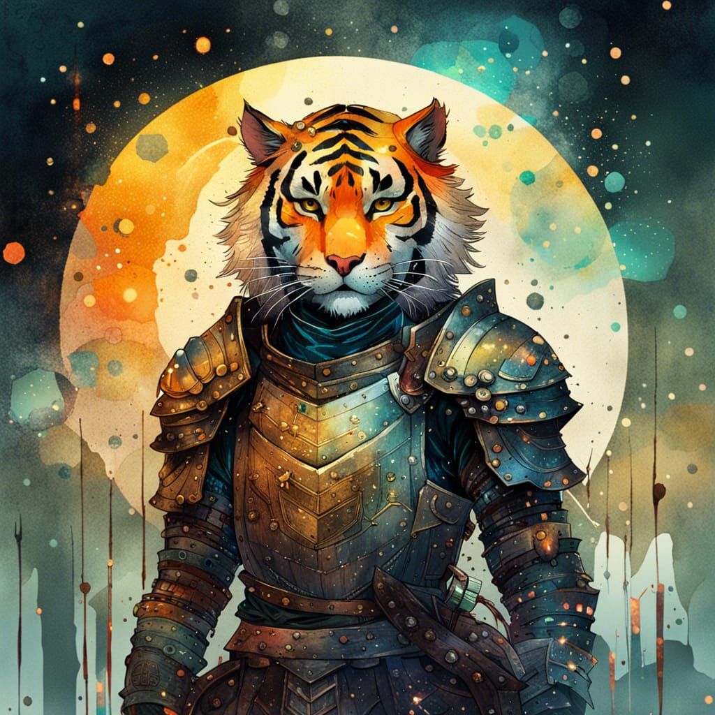 Anime Tiger Knight in Space, Watercolor Style
