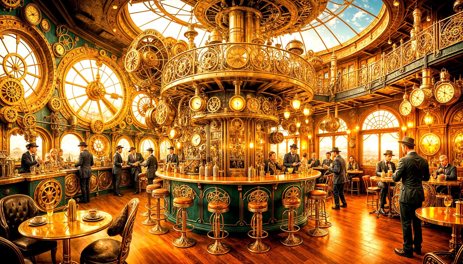Steampunk Cafe on Floating Island, Victorian Patrons, Metal ...