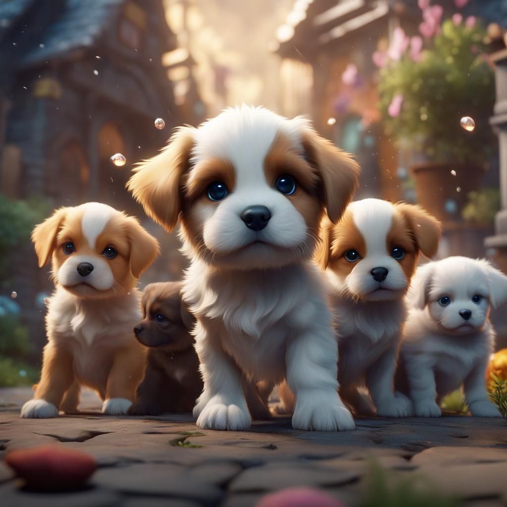Cute Puppies in Detailed Matte Painting