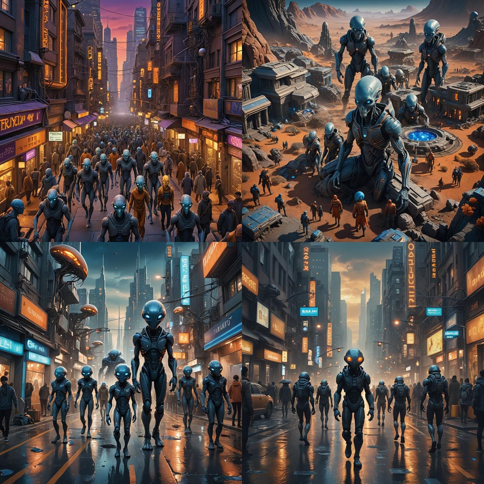 Grey Aliens Living Among Humans, Detailed Matte Painting