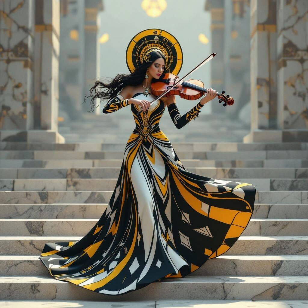 Woman Playing Violin in Geometric Art Deco Style