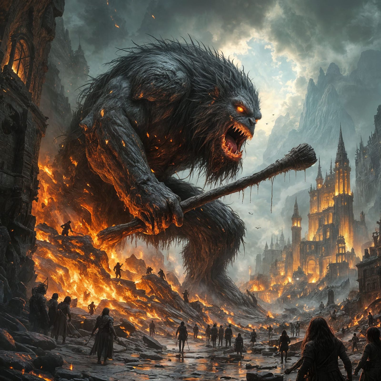 Dark Fantasy Cave Troll Destroys a Burning City