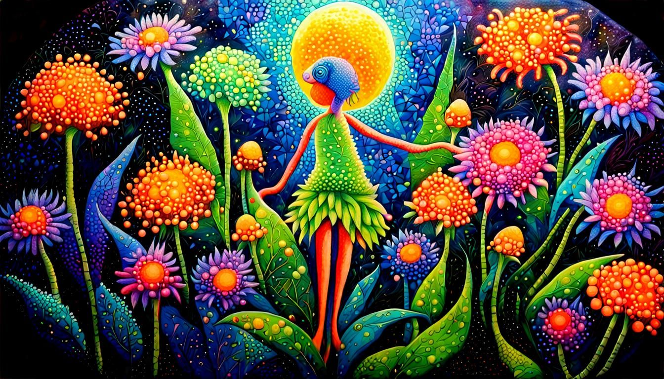 Magical Glowing Fairy Plant at Night: Pointillism Cubism