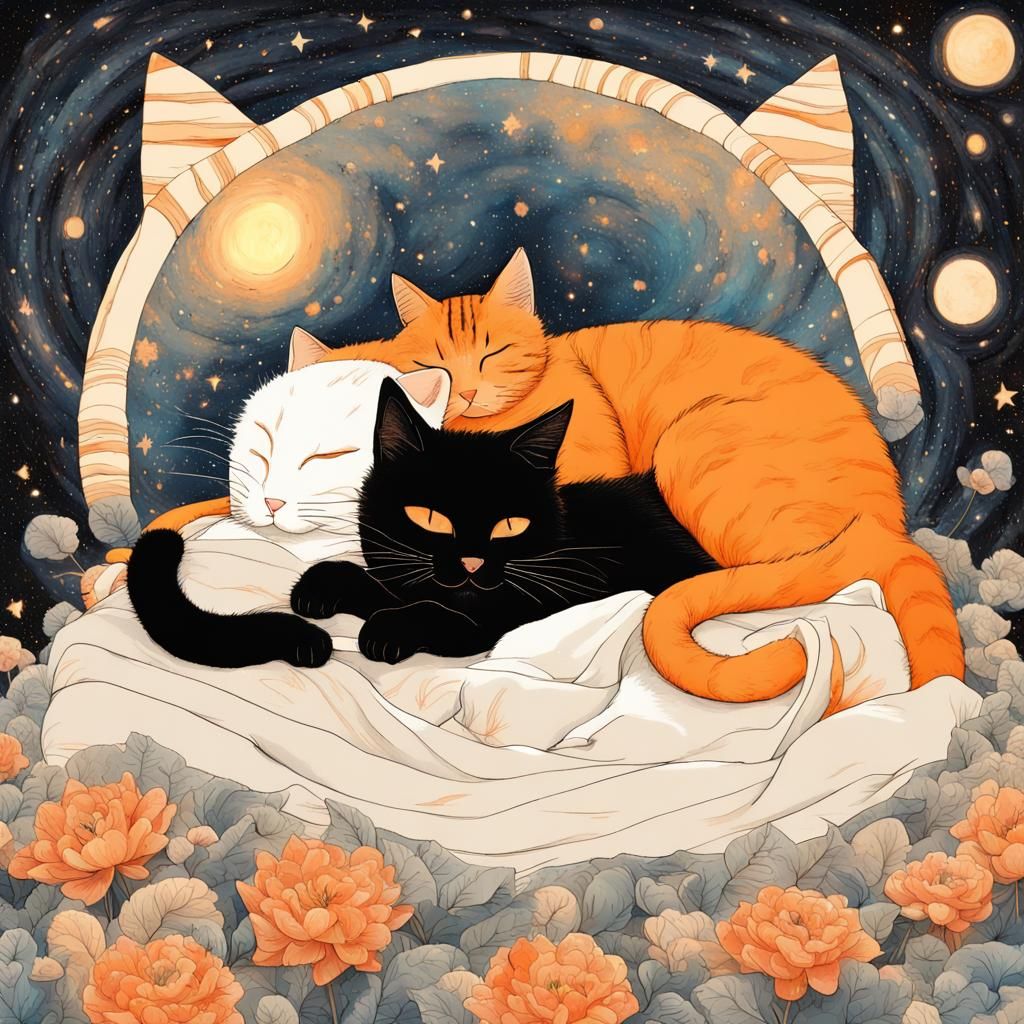 Cats Sleeping: Fantasy Illustration in Hypermaximalism Style