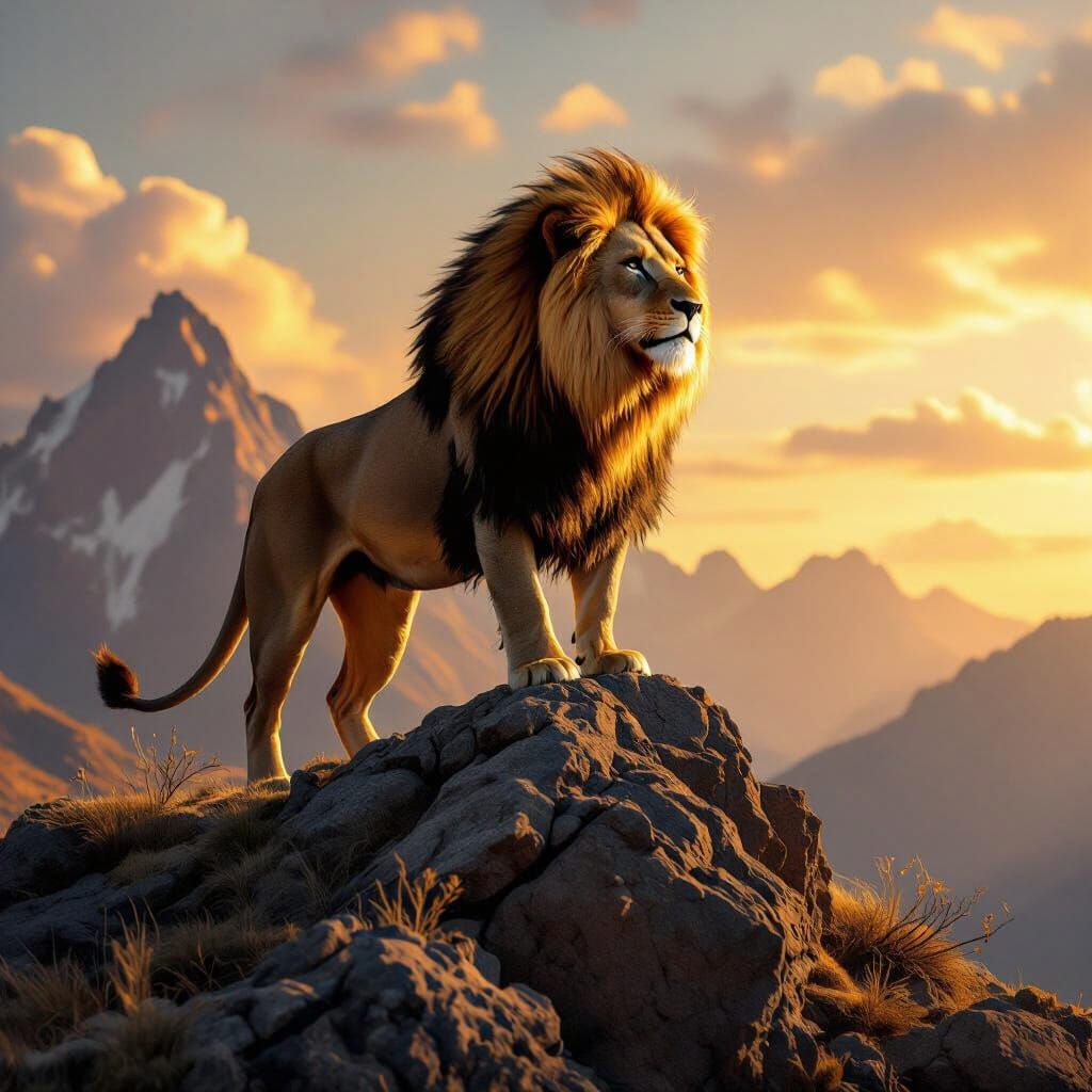 Majestic Lion on Windswept Peak in Hyperrealistic Style