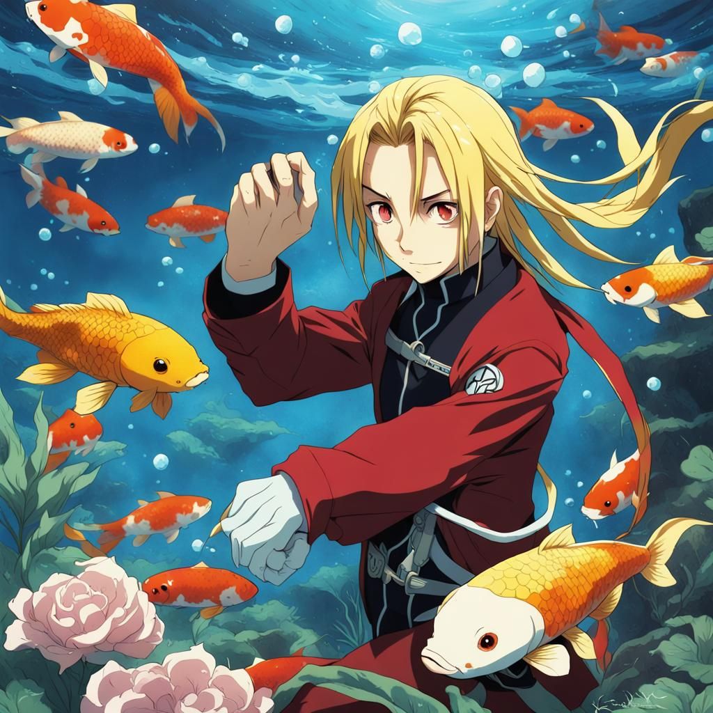 Edward Elric Underwater with Koi Fish in Anime Style