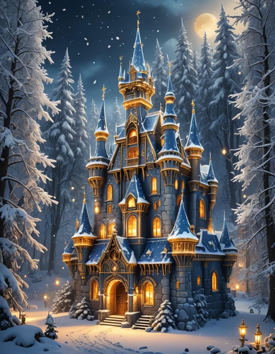 Breathtaking Winter Castle Scene in Vibrant Deep Blues and G...