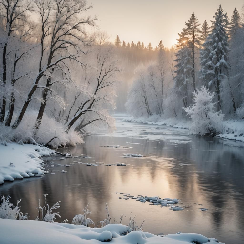 Winter Landscape with Snow-Covered Trees in Golden Light
