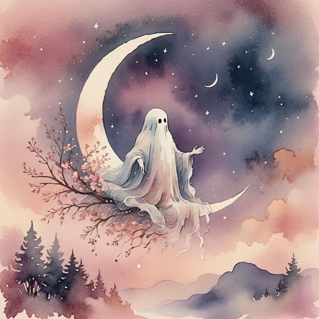 Ethereal Ghost Under Moon in Watercolor Style