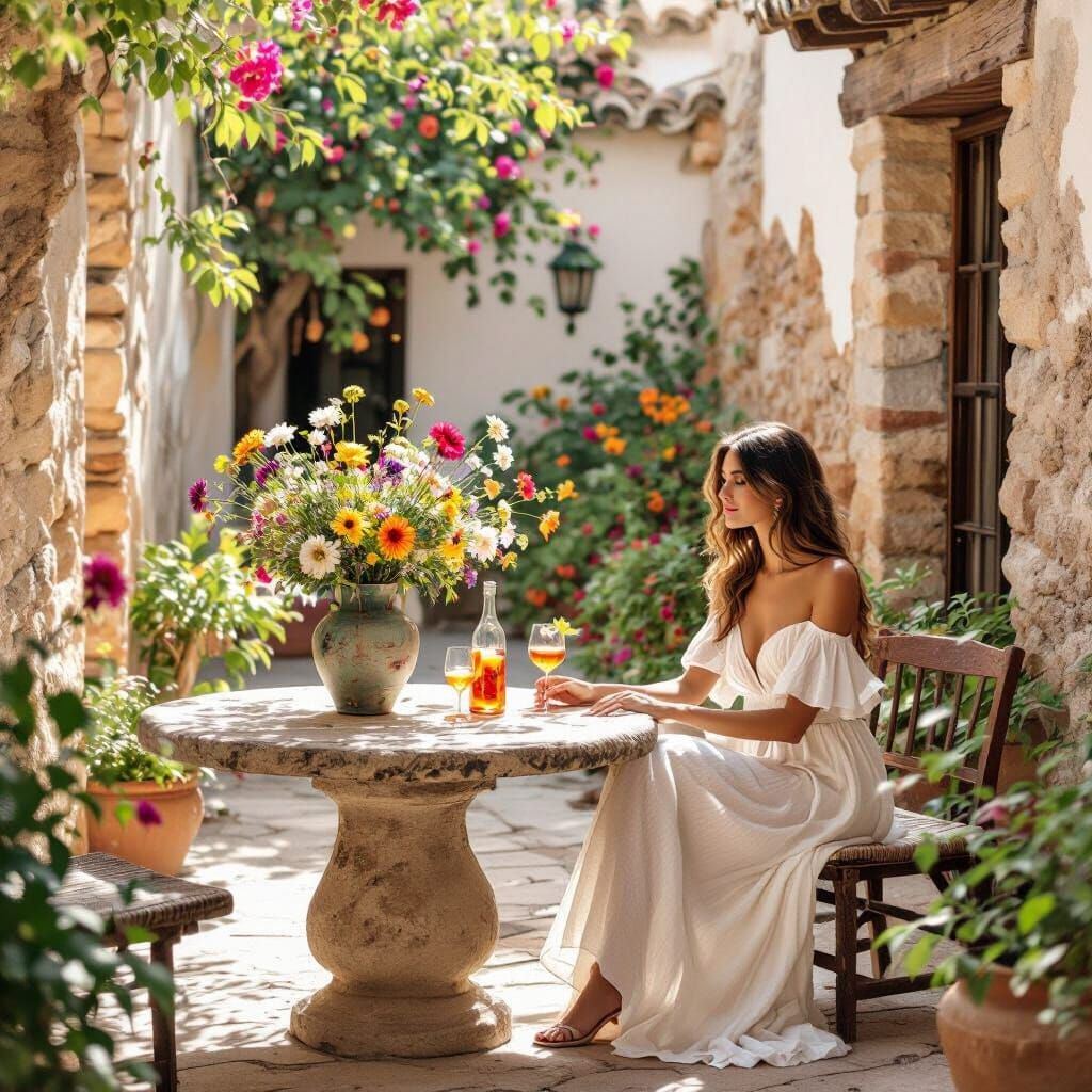 Seville Courtyard Scene with Woman in White Dress