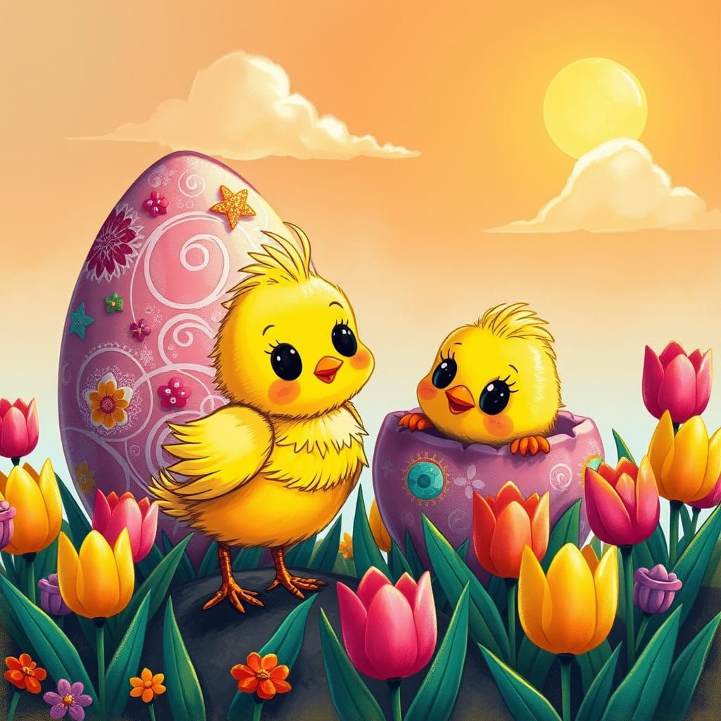 Little Yellow Chick in Vibrant Easter Garden