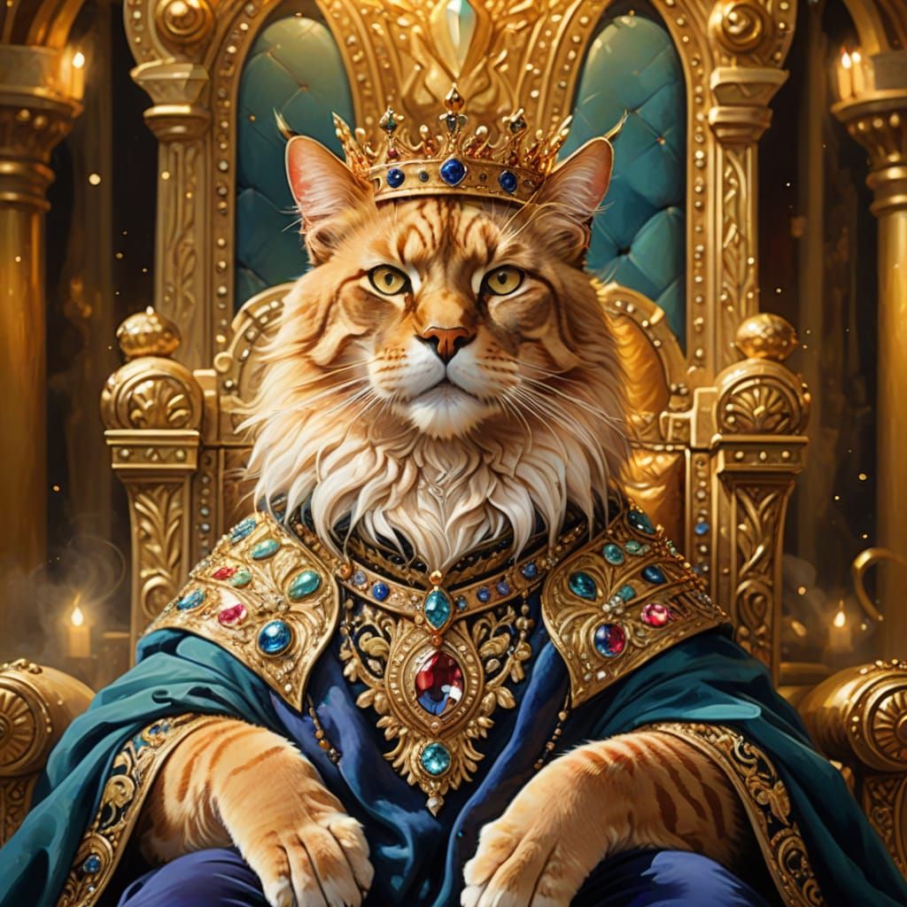 Majestic Cat King on Throne in Fantasy Art