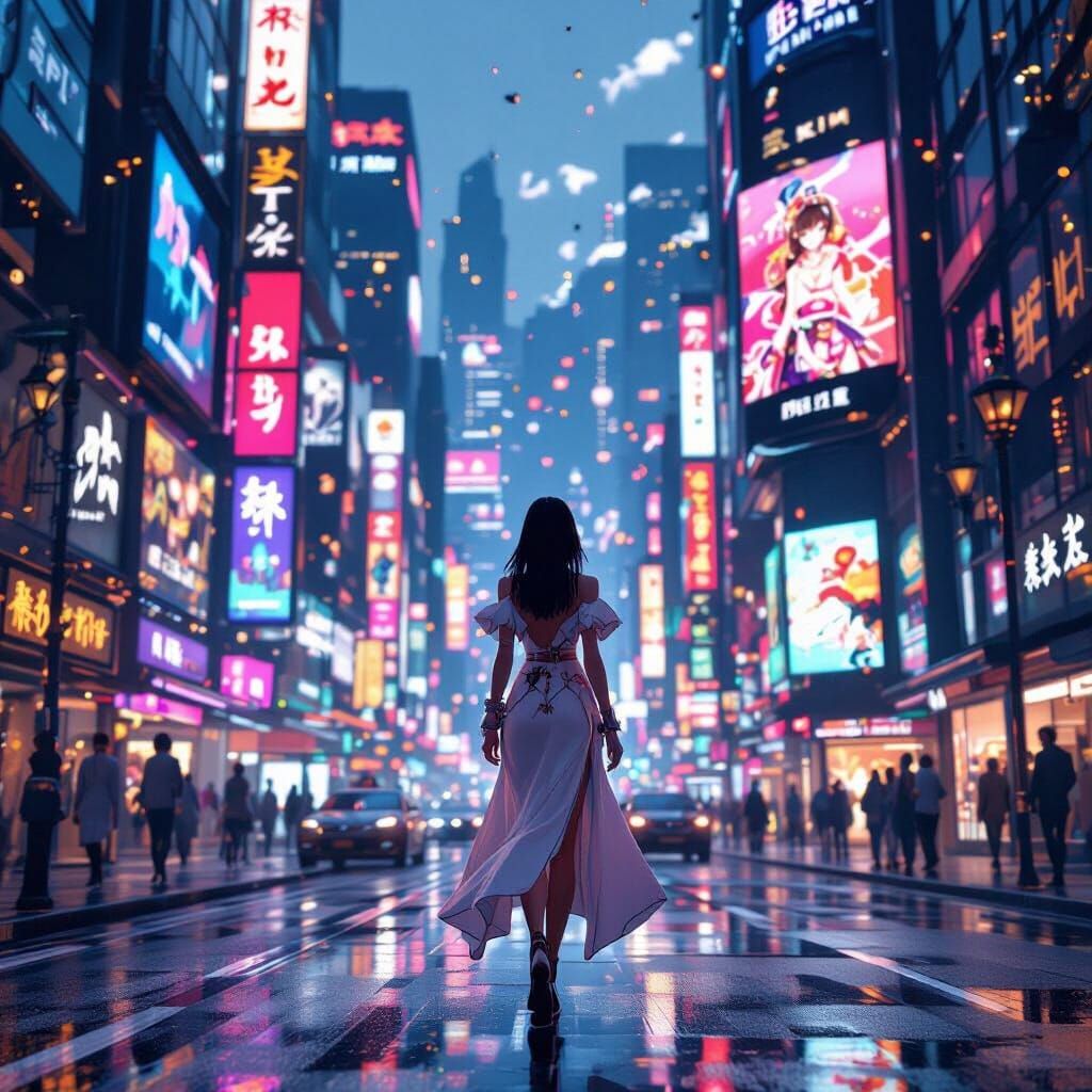 Elegant Woman in Neon Cityscape, 3D Anime Style