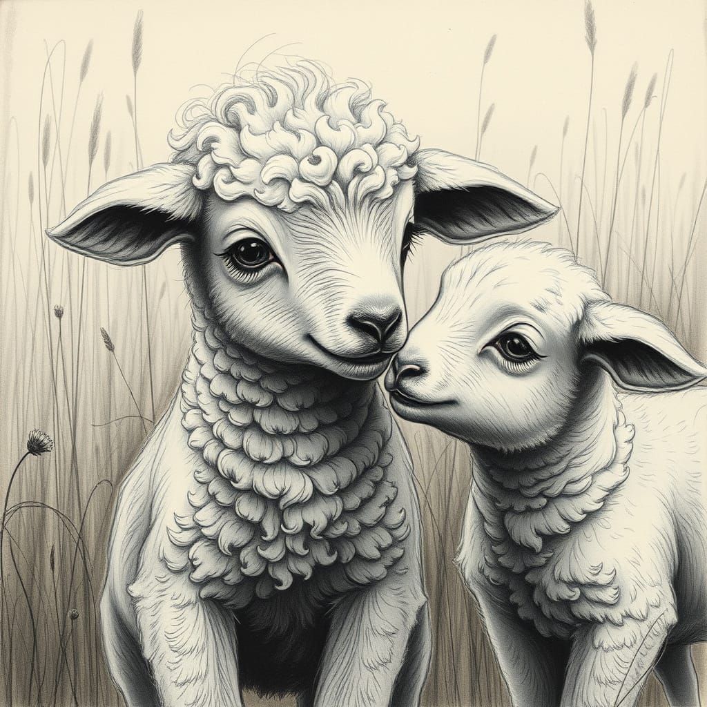 Nervous Lamb Meeting: Hyperdetailed Charcoal Drawing
