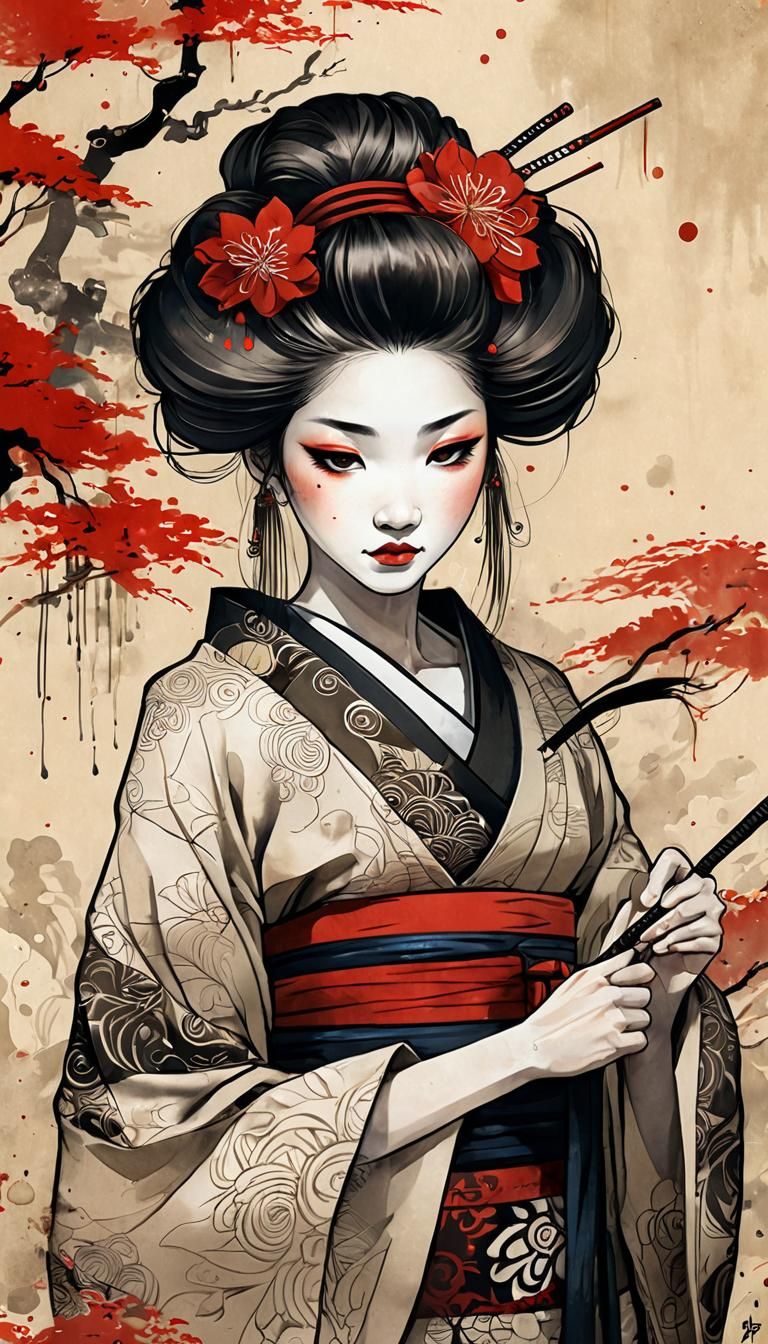 Geisha Portrait in Inkpunk Anime Style