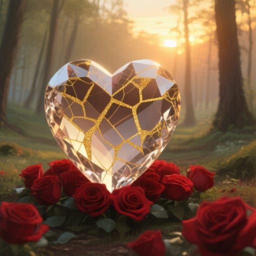 Crystal Heart in Ethereal Sunset Forest