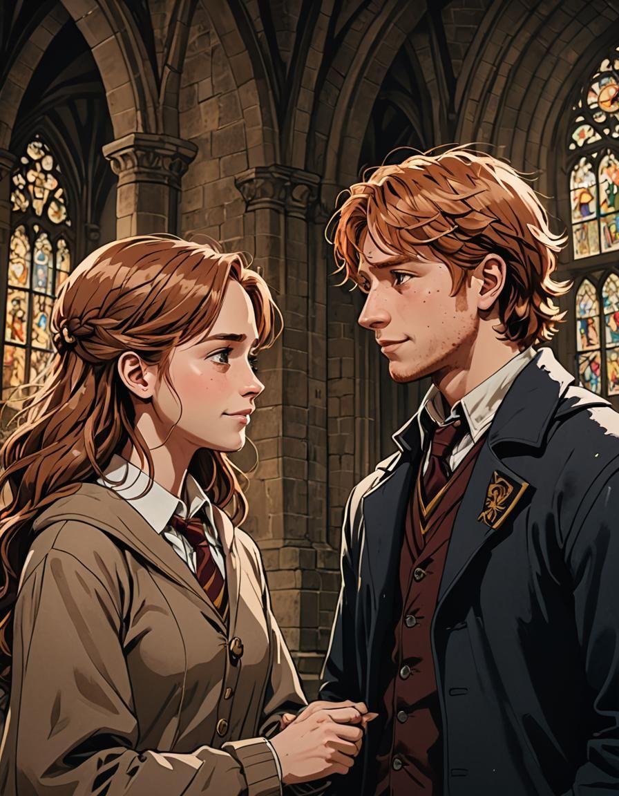 Ron and Hermione Portrait in Cel-Shaded Anime Style