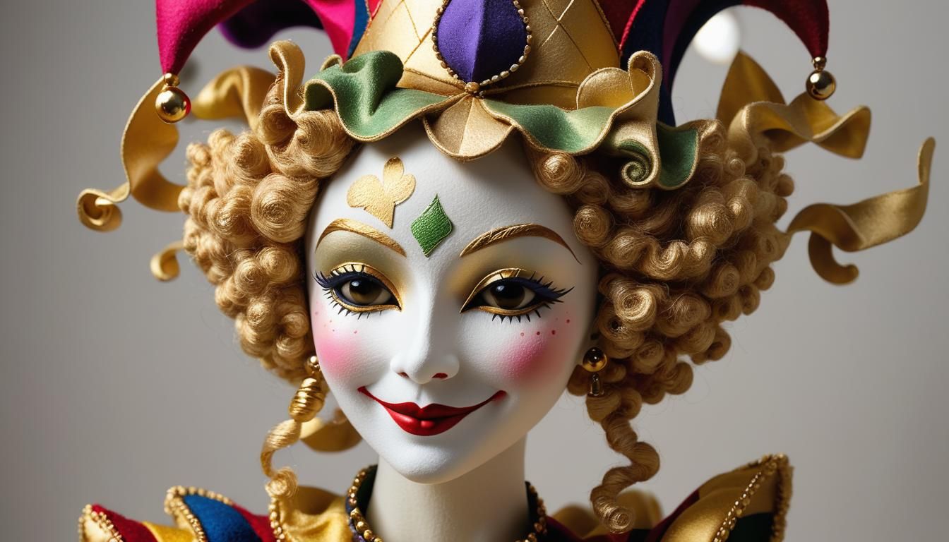 Whimsical Jester Felt Sculpture with Golden Accents