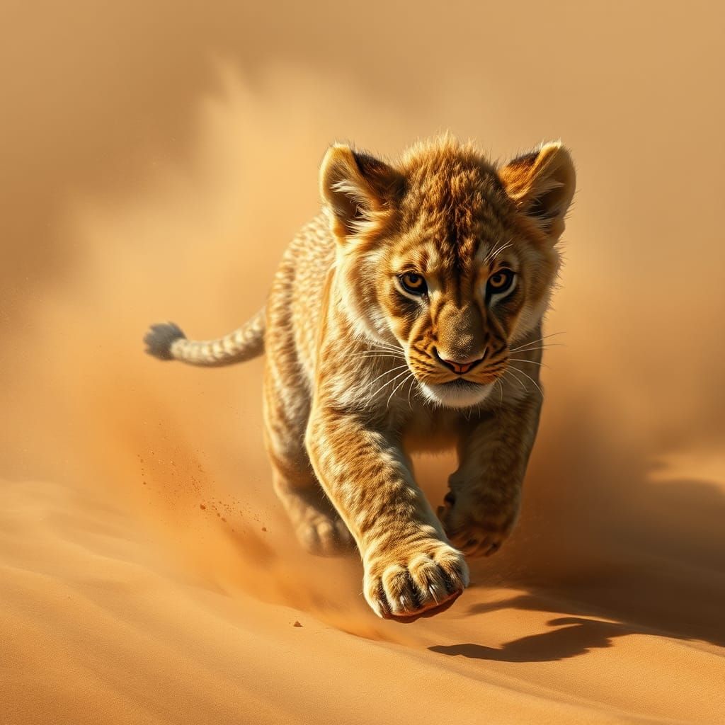 Magical Lion Cub Runs Through Desert Sandstorm