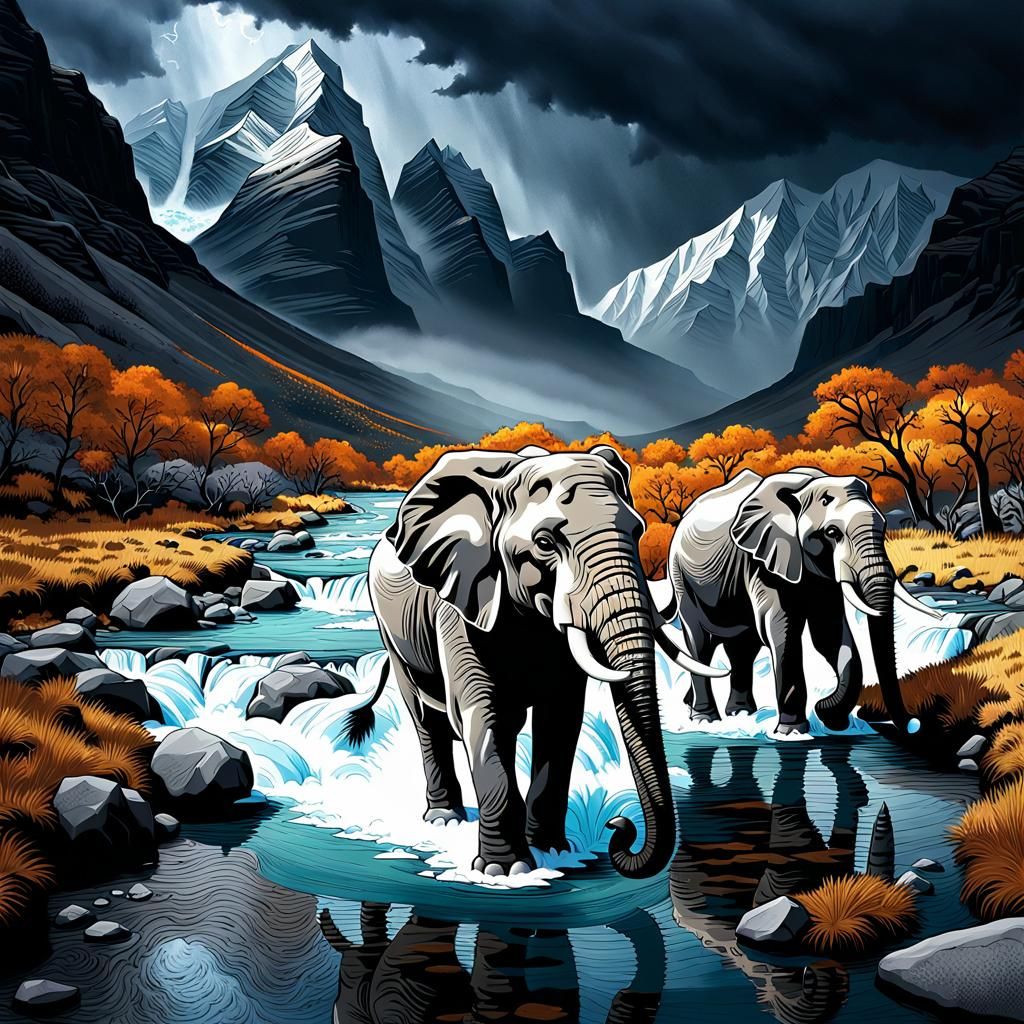 Elephants Crossing a Mountain Stream