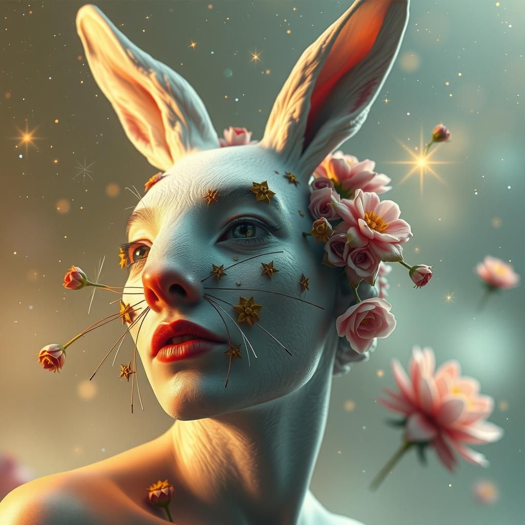 Surreal Cosmic Portrait of Merged Face and Rabbit